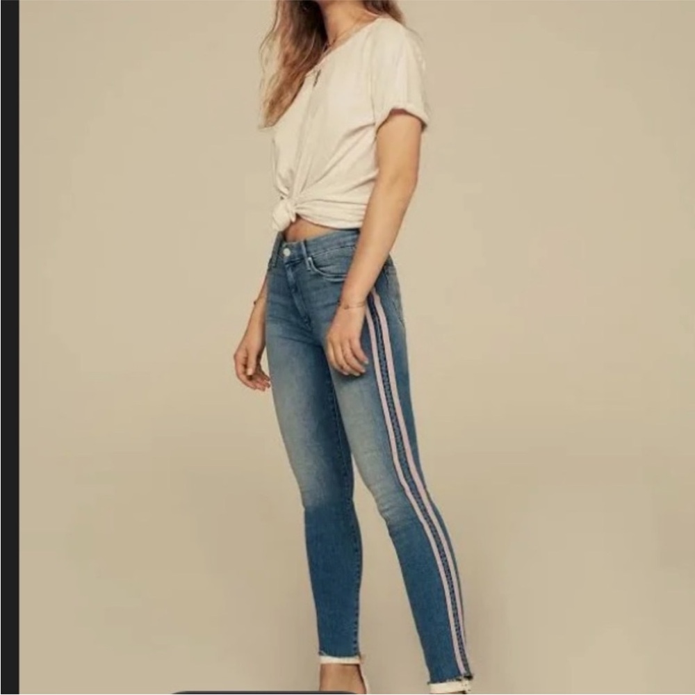 MOTHER Blue Skinny Jeans with Pink Side Stripes